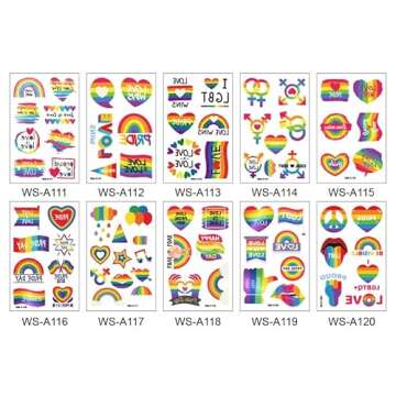 Gay Pride Rainbow Temporary Tattoos Set 75 Pieces LGBT Face Rainbow Stickers Removable Waterproof Body Rainbow Temporary Tattoos for Women/Men -10 Sheets