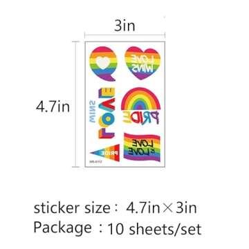 Gay Pride Rainbow Temporary Tattoos Set 75 Pieces LGBT Face Rainbow Stickers Removable Waterproof Body Rainbow Temporary Tattoos for Women/Men -10 Sheets