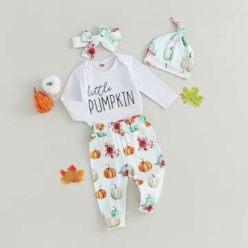 FIOMVA My First Halloween Outfits Newborn Baby Girl Boy Pumpkin Romper Onesie+Long Pants Hat Headban...
