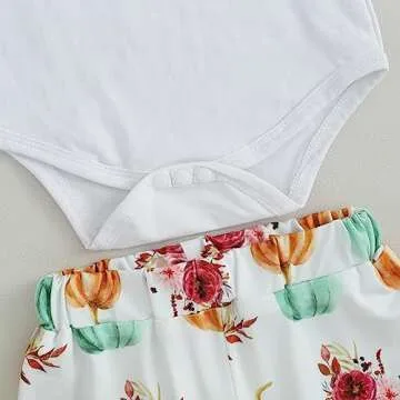 FIOMVA My First Halloween Outfits Newborn Baby Girl Boy Pumpkin Romper Onesie+Long Pants Hat Headband Set Cute Fall Clothes (White Little Pumpkin, 0-3 Months)