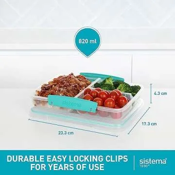 Sistema 5-Piece Food Storage Containers with 3 Compartments and Lids for Meal Prep, Dishwasher Safe, 27oz, Pack of 5 - Colors may vary