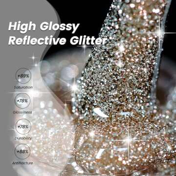 YTD Likomey Reflective Glitter Gel Nail Polish,15ml Champagne Gold Flash Diamond Shimmer Nails Gel,Sparkly Shiny Salon Home Nail Art Manicure UV Nail Gel,SZ012