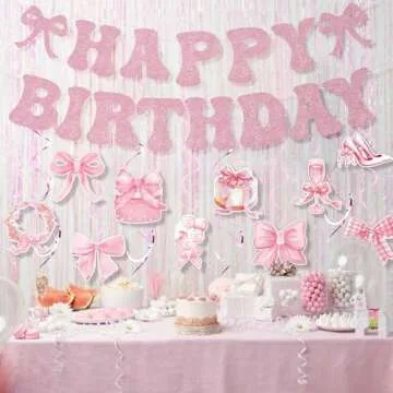 25 Pcs Pink Bow Birthday Party Decorations Glitter Happy Birthday Banner Pink Bow Hanging Swirls Bow Themed Party Decor for Baby Shower Girls Women Birthday Party Supplies