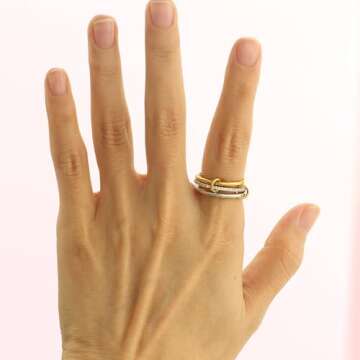 HOLINSE Stackable Rings for Women, Multicolored Connected Ring Set, Gold Silver Multi-Link Connected Ring, Stackable Cubic Zirconia Rings Set