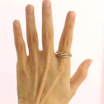 HOLINSE Stackable Rings for Women, Multicolored Connected Ring Set, Gold Silver Multi-Link Connected Ring, Stackable Cubic Zirconia Rings Set