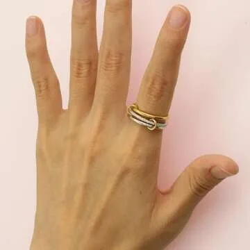 HOLINSE Stackable Rings for Women, Multicolored Connected Ring Set, Gold Silver Multi-Link Connected Ring, Stackable Cubic Zirconia Rings Set