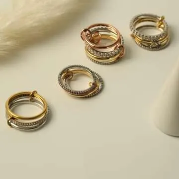HOLINSE Stackable Rings for Women, Multicolored Connected Ring Set, Gold Silver Multi-Link Connected Ring, Stackable Cubic Zirconia Rings Set