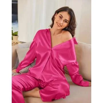 Ekouaer Womens 2 Piece Silk Satin Pajama Set Long Sleeve Lounge Sets Button Down Shirts and Pants PJs Soft Sleepwear Sets Rose Red L