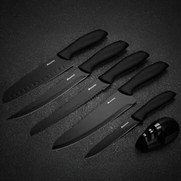 MIDONE Knife Set, 7 Pieces German Stainless Steel Kitchen Knife Set, with Sharpener & Acrylic Stand, Black