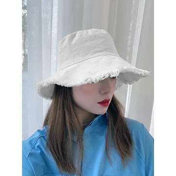 Womens-Sun-Hats Bucket-Hat Distressed Sun-Protection Washed-Cotton - Summer Wide Brim Beach Cap(Size:S-M)