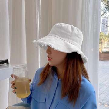 Womens-Sun-Hats Bucket-Hat Distressed Sun-Protection Washed-Cotton - Summer Wide Brim Beach Cap(Size:S-M)