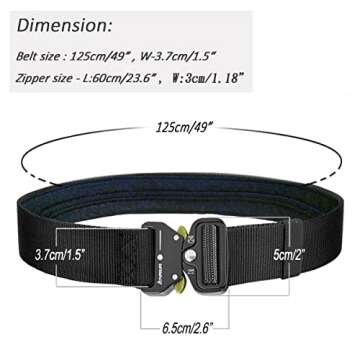 Tactical Style Travel Money Belts - Hidden Pocket Concealed Zipper Nylon Belt for Man Waist Below 42 Inches Included EDC Paracord Keychain 2 Items in Pack - Black