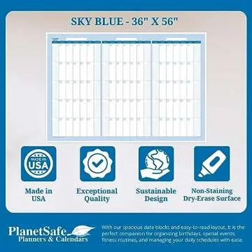 36" x 24" Sky Blue Vertical 90-Day Task, Goals and Objective Erasable Calendar - Large Wall Planner for Home, Office, School - Ideal for Scheduling, Budget Organization - Complete with fine tip dry-erase marker and eraser