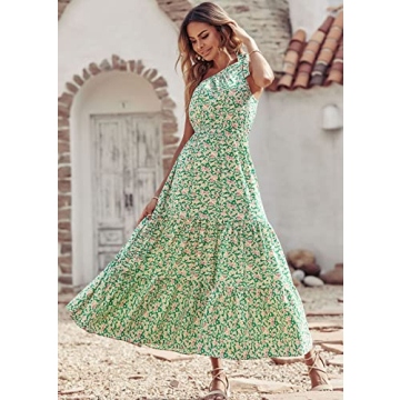 PRETTYGARDEN Women's Summer Floral Maxi Dress Knot One Shoulder Sleeveless Ruffle Flowy Boho Beach Wedding Guest Dresses(Green White,Large)