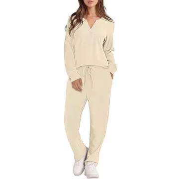 DEEP SELF Women's Long Sleeve Pajamas - Stylish Loungewear Set in Beige