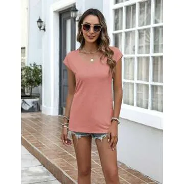 Zeagoo Womens Tops Cap Sleeve T Shirts V Neck Basic Tees Tops Lightweight Casual Summer Fashion Trendy Outfits Clothes Pink