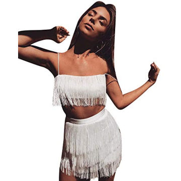 Womens 2 Piece Outfits Sleeveless Crop Top Tassel Dress