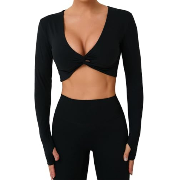 Women’s V Neck Long Sleeve Workout Yoga Crop Top with Thumb Holes - Stylish and Comfortable
