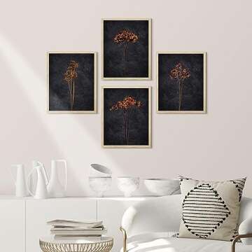SIGNWIN Framed Moody Floral Print Dark Orange Wall Art, Set of 4 Wildflower Still Life Wall Decor Pr...