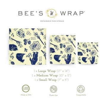 Bee's Wrap Reusable Beeswax Food Wraps Made in the USA, Eco Friendly Beeswax Wraps for Food, Sustainable Food Storage Containers, Organic Cotton Food Wraps, Assorted 3 Pack (S, M, L), Bees + Bears