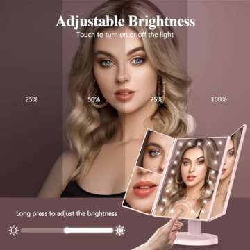 HUONUL Makeup Mirror Vanity Mirror with Lights, 2X 3X 10X Magnification, Lighted Makeup Mirror, Touch Control, Trifold Makeup Mirror, Dual Power Supply, Portable LED Makeup Mirror, Women Gift (Pink)