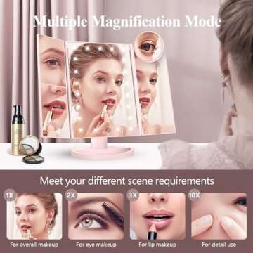 HUONUL Makeup Mirror Vanity Mirror with Lights, 2X 3X 10X Magnification, Lighted Makeup Mirror, Touch Control, Trifold Makeup Mirror, Dual Power Supply, Portable LED Makeup Mirror, Women Gift (Pink)