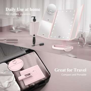 HUONUL Makeup Mirror Vanity Mirror with Lights, 2X 3X 10X Magnification, Lighted Makeup Mirror, Touch Control, Trifold Makeup Mirror, Dual Power Supply, Portable LED Makeup Mirror, Women Gift (Pink)