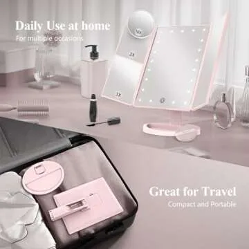 HUONUL Makeup Mirror Vanity Mirror with Lights, 2X 3X 10X Magnification, Lighted Makeup Mirror, Touch Control, Trifold Makeup Mirror, Dual Power Supply, Portable LED Makeup Mirror, Women Gift (Pink)