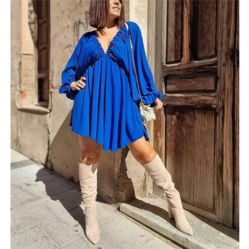 LOFAAC 2024 Women Sexy Deep V Neck Puff Long Sleeve Mini Dress Backless High Waist Ruffle Short Dress Party Club Dress Blue