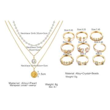 CONGYING 34 PCS Gold Color Jewelry Set with 3 PCS Necklace, 10 PCS Bracelet, 12PCS Ear Cuffs Earring, 9 Pcs Knuckle Rings For Women Valentine Anniversary