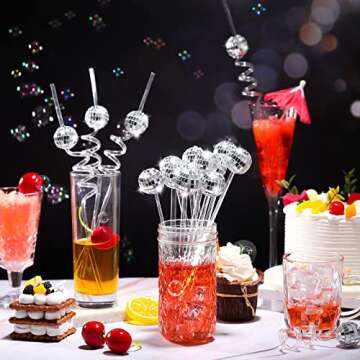 Ferraycle 24 Pcs Disco Ball Straws and Disco Ball Stirrers 70s Disco Party Supplies Mirror Disco Decorative Straws for Disco Ball Party Decorations Bar Karaoke Birthday Wedding Christmas Decoration