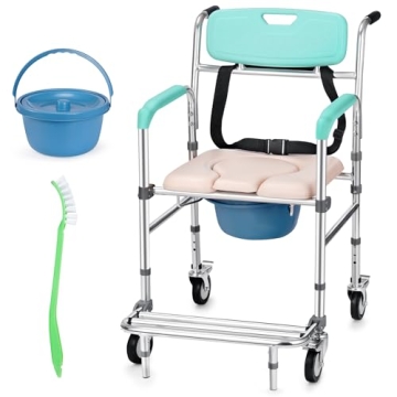 Rengue Shower Chair with Wheels - Versatile 3-in-1 Bedside Commode Chair, Padded Seat, Detachable Bu...