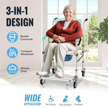 Rengue 3-in-1 Rolling Shower Chair with Wheels and Adjustable Height