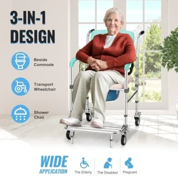 Rengue 3-in-1 Rolling Shower Chair with Wheels and Adjustable Height