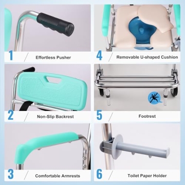 Rengue 3-in-1 Rolling Shower Chair with Wheels and Adjustable Height