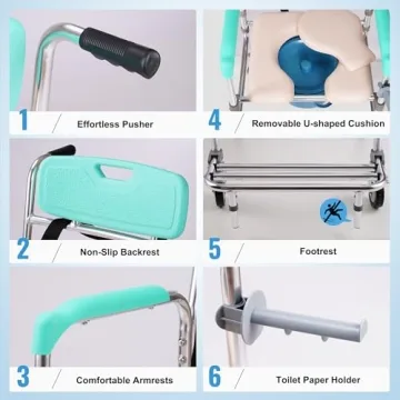 Rengue 3-in-1 Rolling Shower Chair with Wheels and Adjustable Height