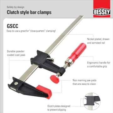 Bessey Clutch Style Bar Clamps - 12 In 600 lb - GSCC2.512- Woodworking Clamps with Ergonomic Handle, Non-Marring Pads, Durable Cast-Iron Jaws & Serrated Rail for Carpentry & Cabinetry
