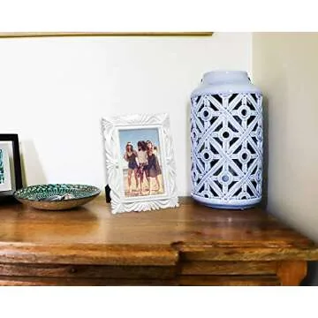 Isaac Jacobs 4x6 White Wave Textured Hand-Crafted Resin Picture Frame with Easel & Hook for Tabletop & Wall Display, Decorative Swirl Design Home Décor, Photo Gallery, Art, More (4x6, White)