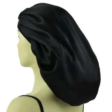 Satin Bonnets for Braids Silk Bonnet for Long Hair Covers Women XL Large Silk Hair Bonnets Sleeping Bonnets Sleep Shower Cap (Black 2 Pack)