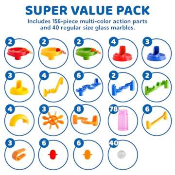 JOYIN Marble Run Premium Set（196 Pcs- Construction Building Blocks Toys, STEM Educational Toy, Building Block Toy(156 Translucent Plastic Pieces+ 40 Glass Marbles)