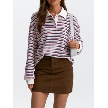 Trendy Oversized Striped Polo Sweatshirt for Women