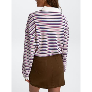 Trendy Oversized Striped Polo Sweatshirt for Women