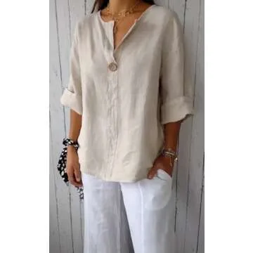 DMOYALA Women's Linen Button Down V Neck Summer Tunic Top