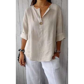 DMOYALA Women's Linen Button Down V Neck Summer Tunic Top