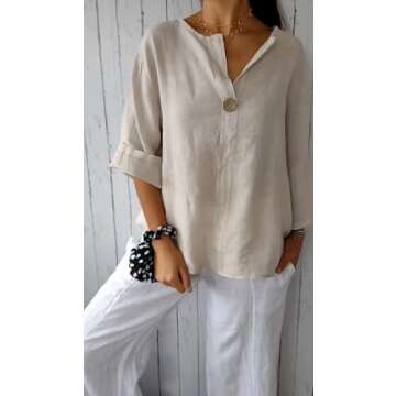 DMOYALA Women's Linen Button Down V Neck Summer Tunic Top