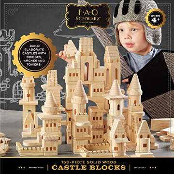 FAO Schwarz {150 Piece Set} Wooden Castle Building Blocks Set, Toy Solid Pine Wood Block Playset Kit for Kids, Toddlers, Boys, and Girls