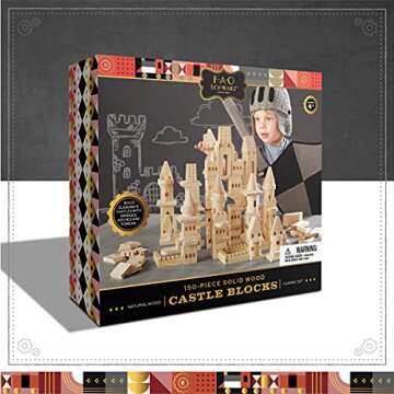 FAO Schwarz {150 Piece Set} Wooden Castle Building Blocks Set, Toy Solid Pine Wood Block Playset Kit for Kids, Toddlers, Boys, and Girls