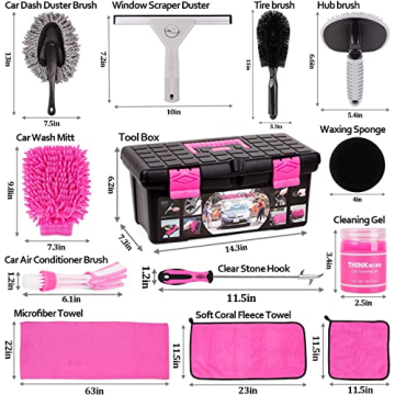 Thinkwork Pink Car Wash Kit for Women - 17pc Detailing Set