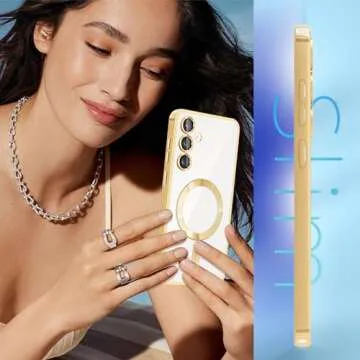 ACOSTETE for Samsung Galaxy S24 Case Magnetic Clear,[with Camera Lens Protector & Compatible with MagSafe] Bling Sparkle Luxury Plating Phone Case Soft TPU Slim Shockproof Cover for Galaxy S24,Gold