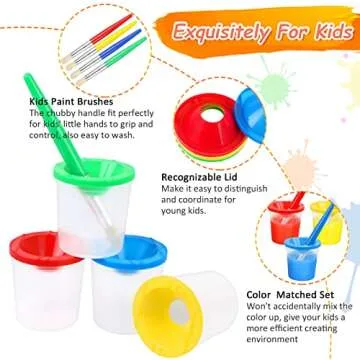 RNKP 4 Piece Children's No Spill Paint Cups with Colored Lids and 4 Piece Large Round Brush Set with Plastic Handles，Toddler Anti-Spill Paint Cup and Brush Set